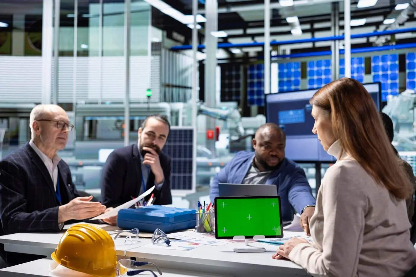 Специалисты фабрики используют планшет-макет для представления инсайтов по исследованиям и разработкам.