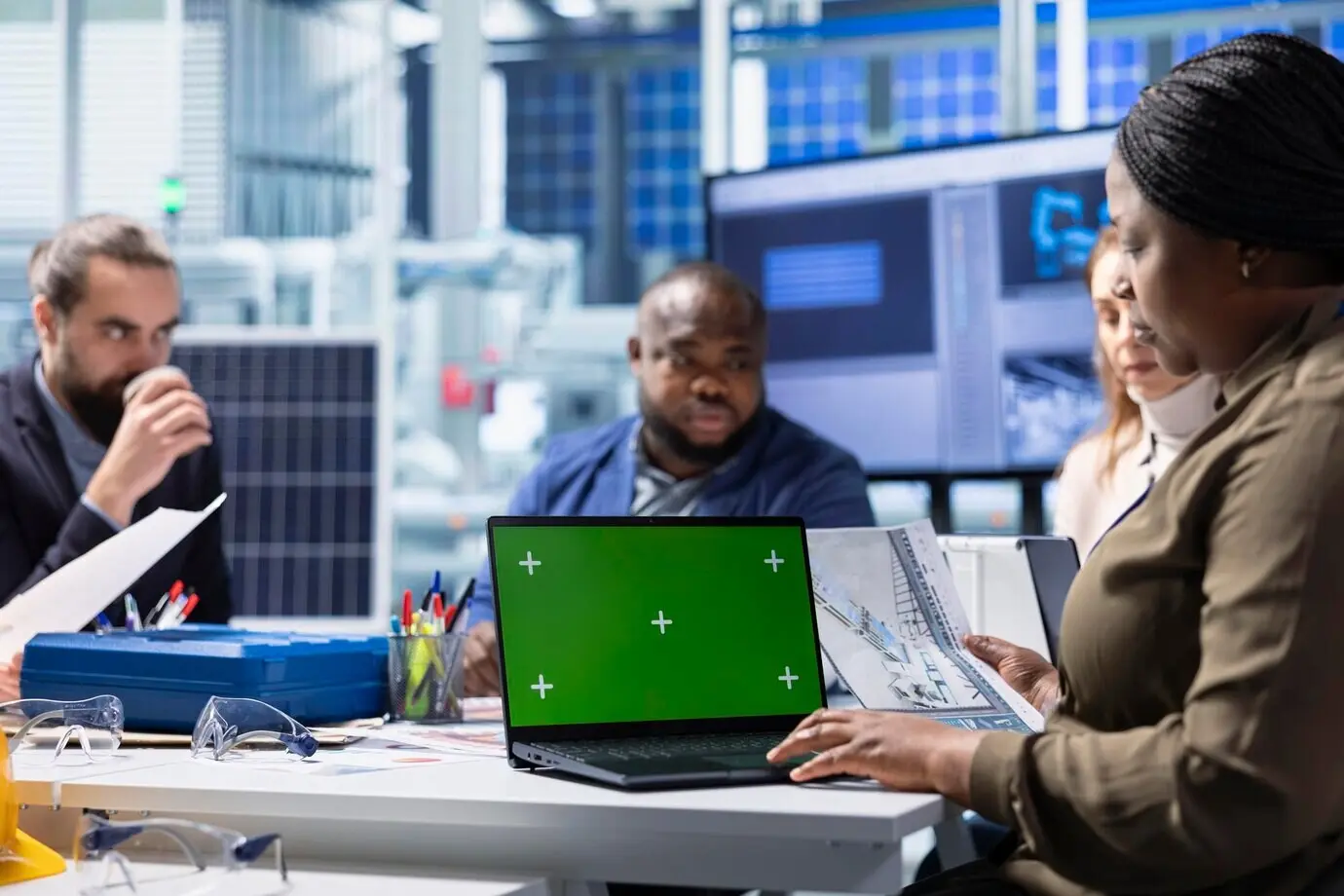 Команда руководства завода рассматривает схемы и планирует работу, используя макетный ноутбук.